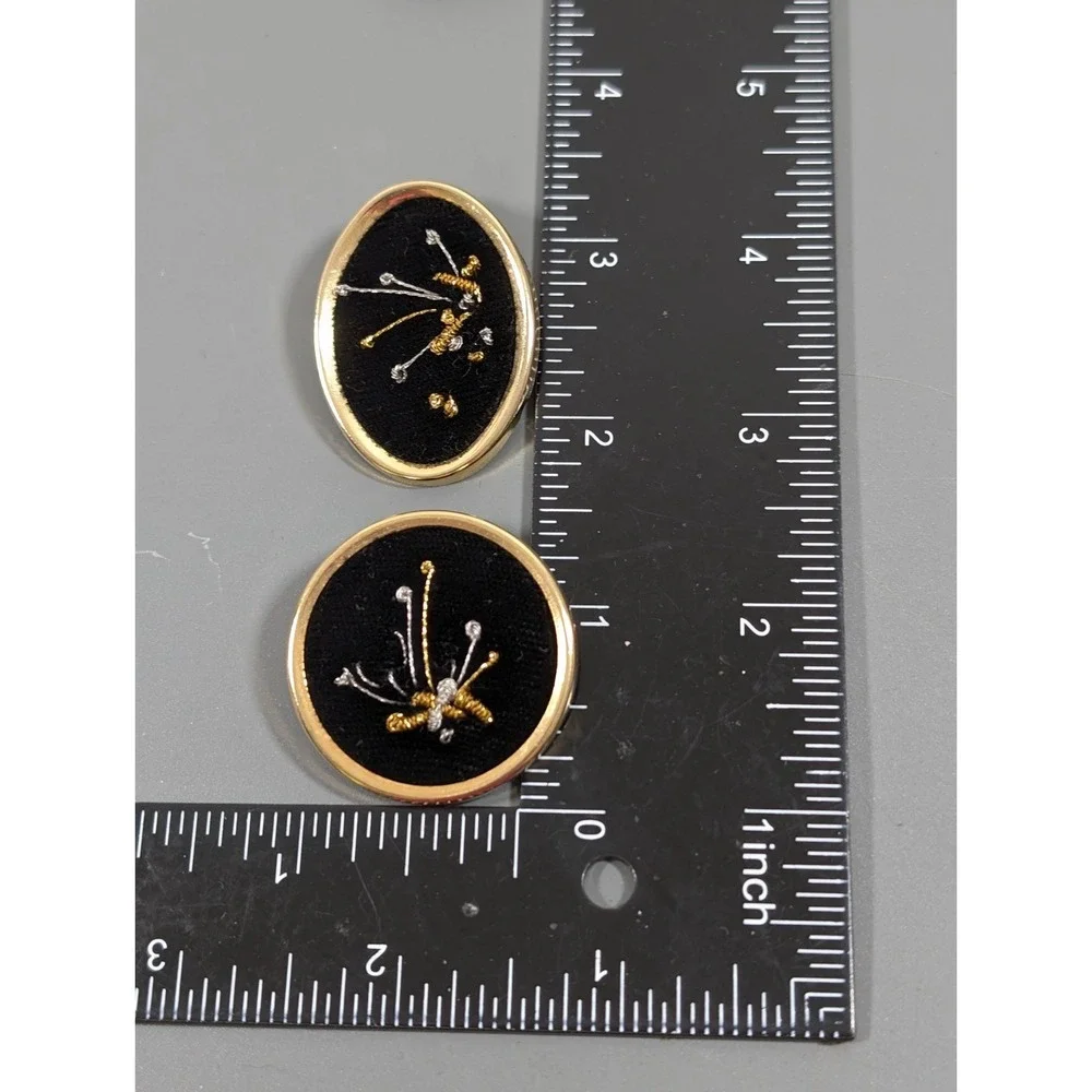 Vintage Black Velvet Embroidered Oval Brooch Set‎ Gold Tone Frame – Set of 2